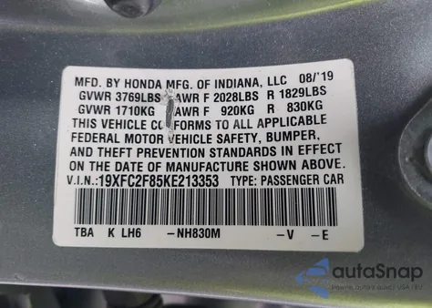 2019 Honda Civic Sport z USA, uszkodzony, nr VIN 19XFC2F85KE213353